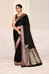 Black Semi Katan Silk Mushru Satin Banarasi Handloom Saree